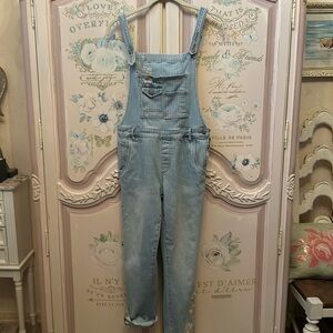 Free People denim striped overalls size Large beautiful feminine embroidery